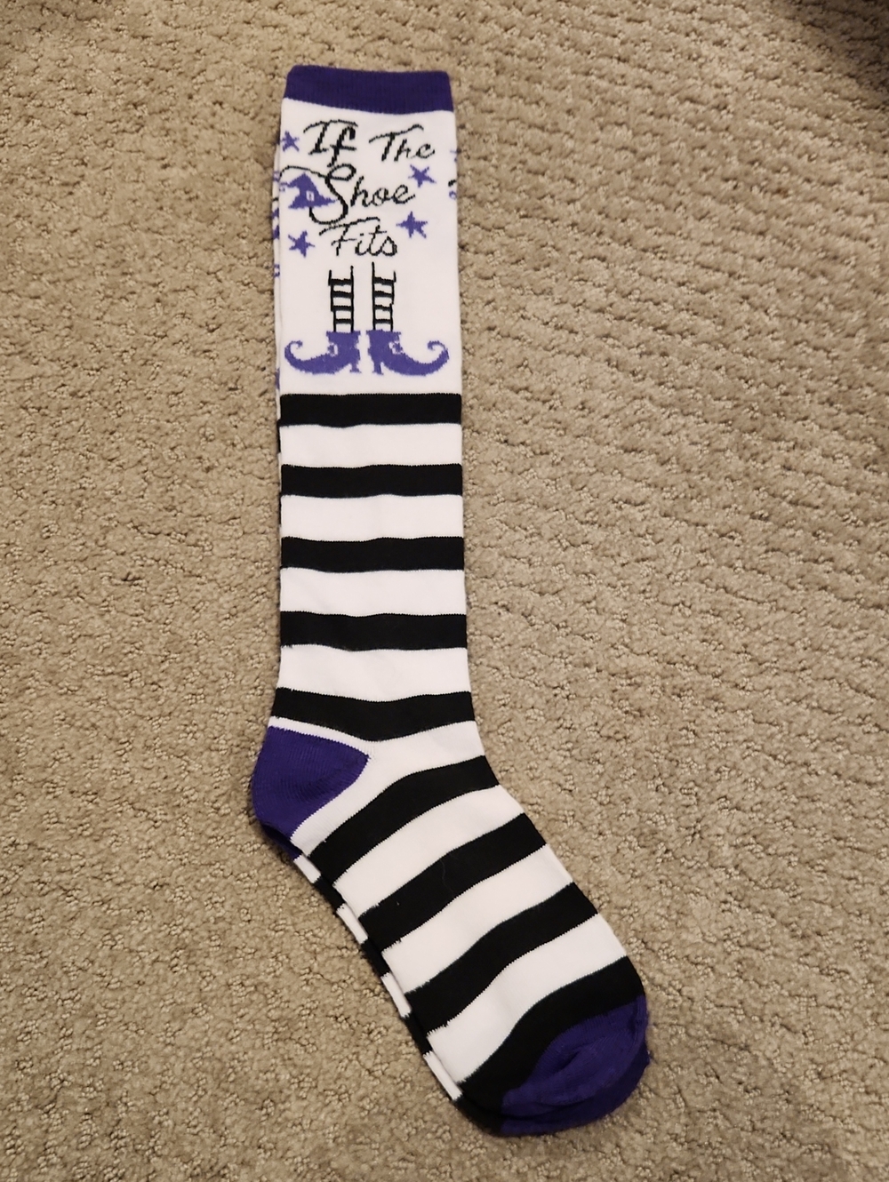 NEW "If The Shoe Fits" Black & White Striped Knee Socks with Purple Accents